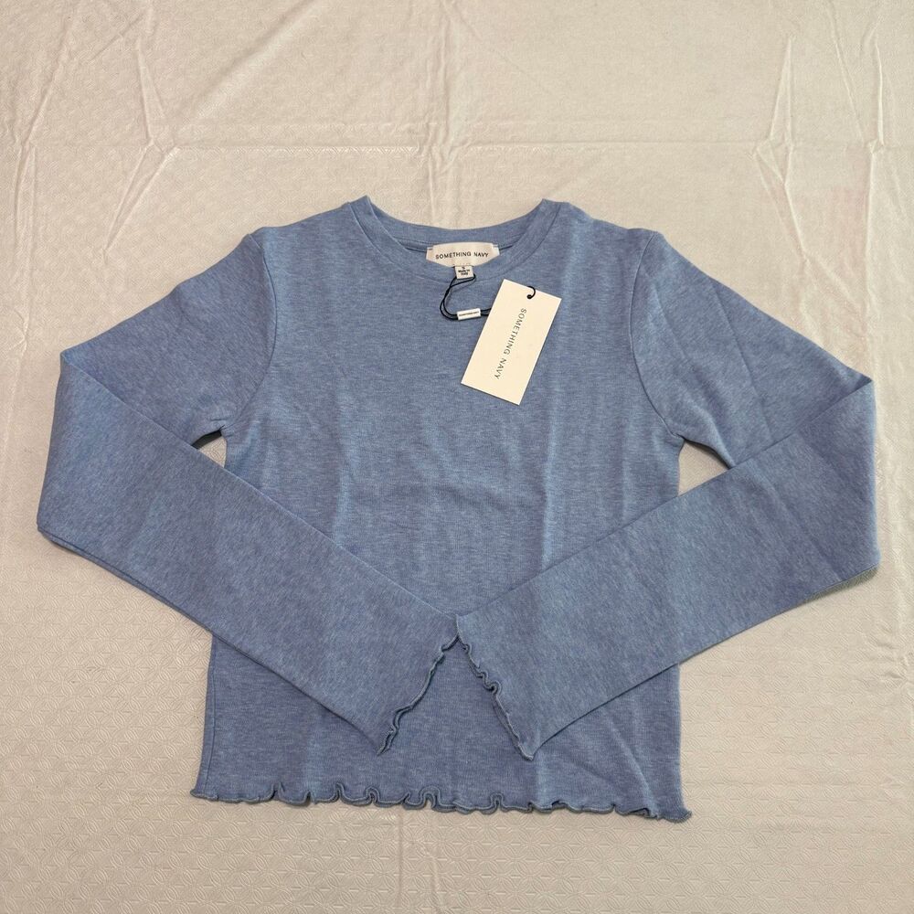Something Navy Sara Long Sleeve Top Blue Lettuce Trim Women's S NWT